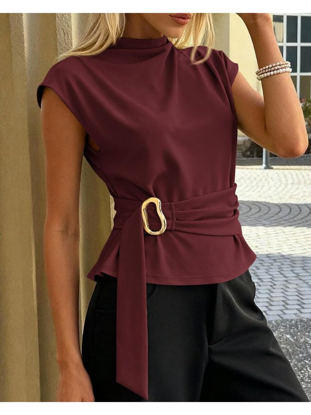 Women's Dark Wine Red Sleeve Mock Neck Buckle Belted Tunic Top Blouse T-Shirt - Picture 6 of 6